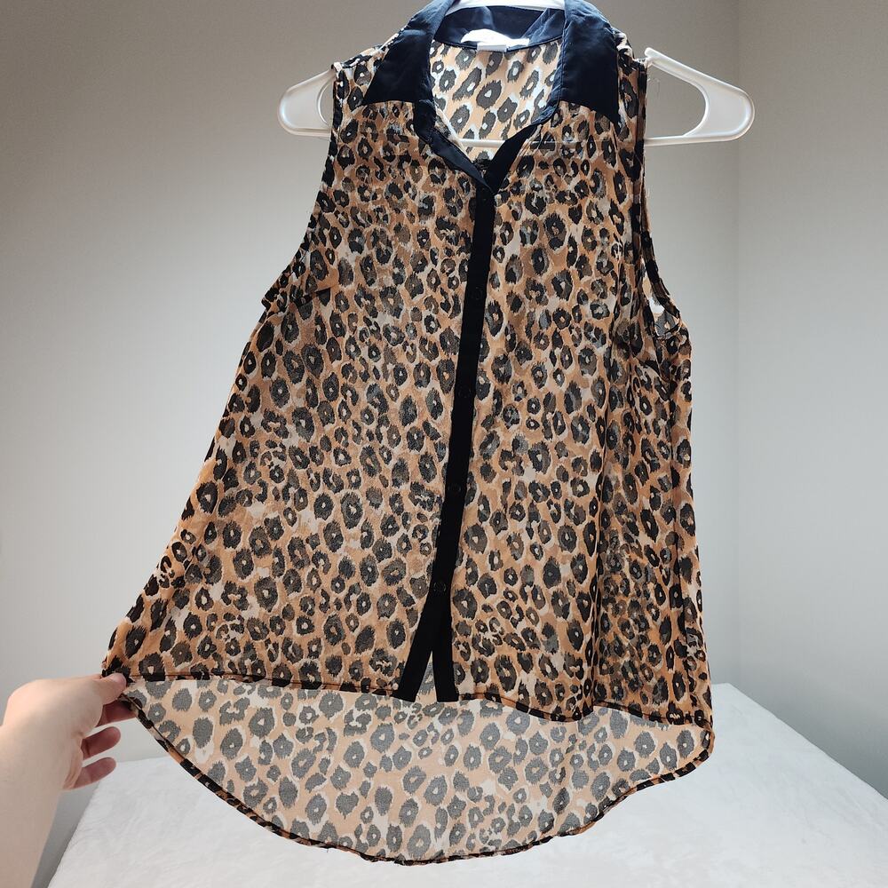 Vintage Y2k Leopard Cheetah Sheer Blouse Medium Burnout Sleeveless Button Up